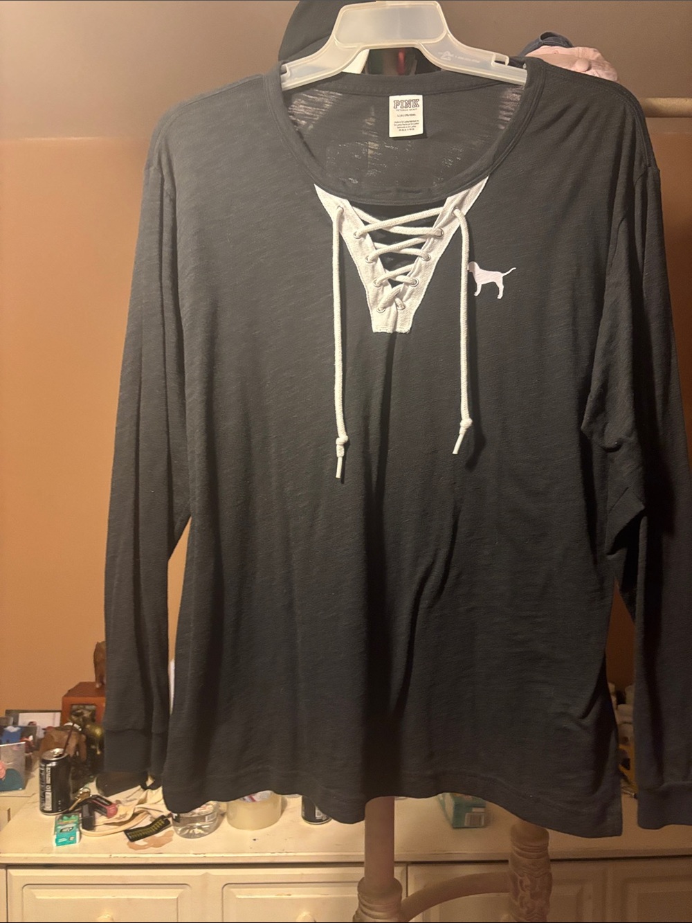 PINK Victoria's Secret Black Lace-Up Long Sleeve Top with White Logo